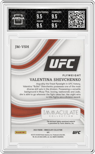 Valentina Shevchenko from the 2023 Panini Immaculate Collection set graded by Arena Club and given an overall grade of 9.5.
