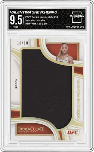 Valentina Shevchenko from the 2023 Panini Immaculate Collection set graded by Arena Club and given an overall grade of 9.5.