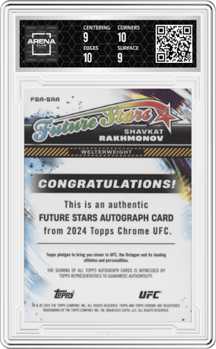 Shavkat Rakhmonov from the 2024 Topps Chrome UFC set graded by Arena Club and given an overall grade of 9.5.