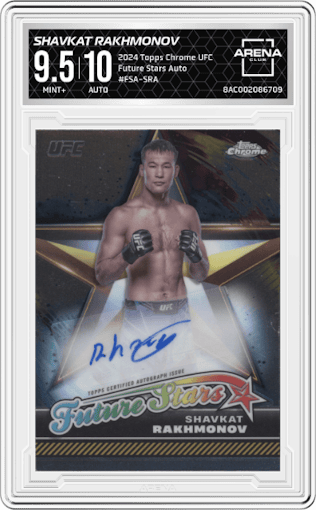 Shavkat Rakhmonov from the 2024 Topps Chrome UFC set graded by Arena Club and given an overall grade of 9.5.