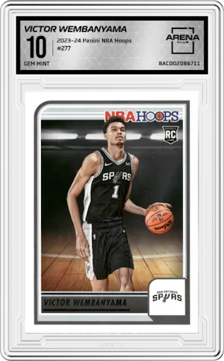 Victor Wembanyama from the 2023-24 Panini NBA Hoops set graded by Arena Club and given an overall grade of 10.
