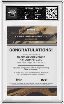 Khabib Nurmagomedov from the 2024 Topps Chrome UFC set graded by Arena Club and given an overall grade of 8.5.