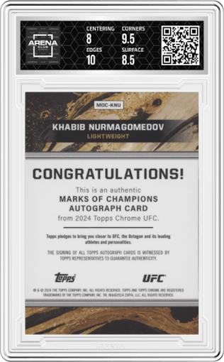 Khabib Nurmagomedov from the 2024 Topps Chrome UFC set graded by Arena Club and given an overall grade of 8.5.
