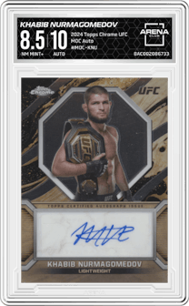 Khabib Nurmagomedov from the 2024 Topps Chrome UFC set graded by Arena Club and given an overall grade of 8.5.