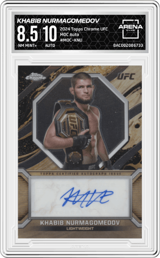 Khabib Nurmagomedov from the 2024 Topps Chrome UFC set graded by Arena Club and given an overall grade of 8.5.