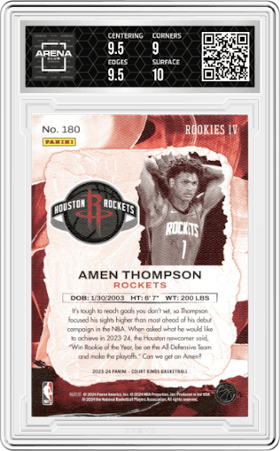 Amen Thompson from the 2023-24 Panini Court Kings set graded by Arena Club and given an overall grade of 9.5.