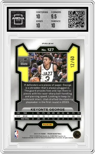 Keyonte George from the 2023-24 Panini Prizm set featuring a Orange Wave parallel graded by Arena Club and given an overall grade of 10.