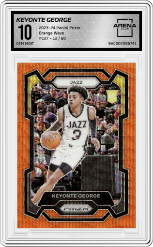 Keyonte George from the 2023-24 Panini Prizm set featuring a Orange Wave parallel graded by Arena Club and given an overall grade of 10.
