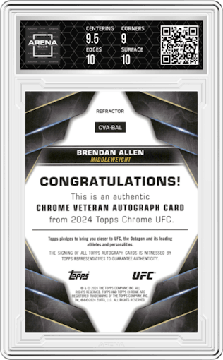 Brendan Allen from the 2024 Topps Chrome UFC set featuring a Refractor parallel graded by Arena Club and given an overall grade of 9.5.
