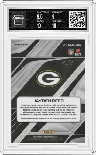 Jayden Reed from the 2023 Panini Spectra set featuring a Gold Laundry Nike parallel graded by Arena Club and given an overall grade of 9.5.