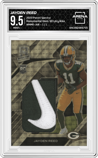 Jayden Reed from the 2023 Panini Spectra set featuring a Gold Laundry Nike parallel graded by Arena Club and given an overall grade of 9.5.