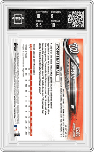 Juan Soto from the 2018 Topps Update set graded by Arena Club and given an overall grade of 9.5.