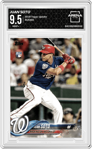 Juan Soto from the 2018 Topps Update set graded by Arena Club and given an overall grade of 9.5.