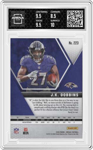 J.K. Dobbins from the 2020 Panini Mosaic set graded by Arena Club and given an overall grade of 9.