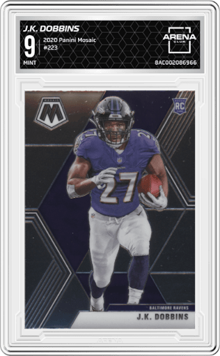 J.K. Dobbins from the 2020 Panini Mosaic set graded by Arena Club and given an overall grade of 9.