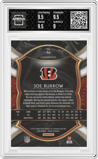 Joe Burrow from the 2020 Panini Select set graded by Arena Club and given an overall grade of 9.5.