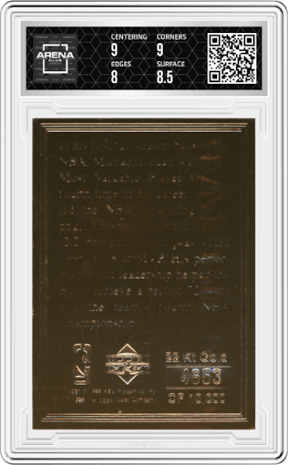 Michael Jordan from the 1996 Upper Deck 22Kt Gold set graded by Arena Club and given an overall grade of 8.5.