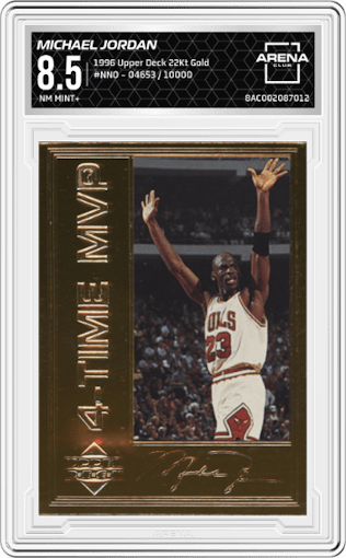 Michael Jordan from the 1996 Upper Deck 22Kt Gold set graded by Arena Club and given an overall grade of 8.5.