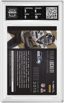 Tyler Lockett from the 2015 Panini Black Gold set graded by Arena Club and given an overall grade of 8.5.