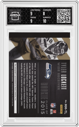 Tyler Lockett from the 2015 Panini Black Gold set graded by Arena Club and given an overall grade of 8.5.
