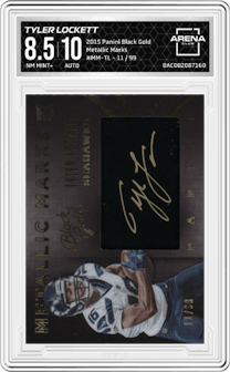 Tyler Lockett from the 2015 Panini Black Gold set graded by Arena Club and given an overall grade of 8.5.
