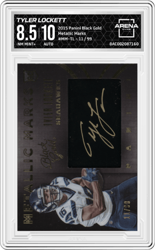Tyler Lockett from the 2015 Panini Black Gold set graded by Arena Club and given an overall grade of 8.5.