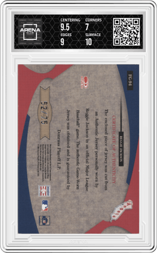 Reggie Jackson from the 2005 Leaf Certified Materials set featuring a Stats parallel graded by Arena Club and given an overall grade of 7.5.