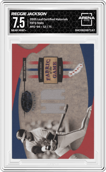 Reggie Jackson from the 2005 Leaf Certified Materials set featuring a Stats parallel graded by Arena Club and given an overall grade of 7.5.