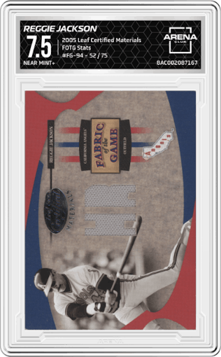 Reggie Jackson from the 2005 Leaf Certified Materials set featuring a Stats parallel graded by Arena Club and given an overall grade of 7.5.