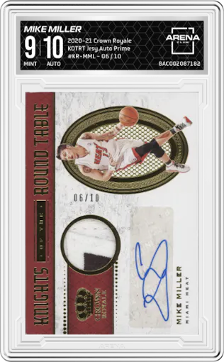 Mike Miller from the 2020-21 Panini Crown Royale set featuring a Prime parallel graded by Arena Club and given an overall grade of 9.