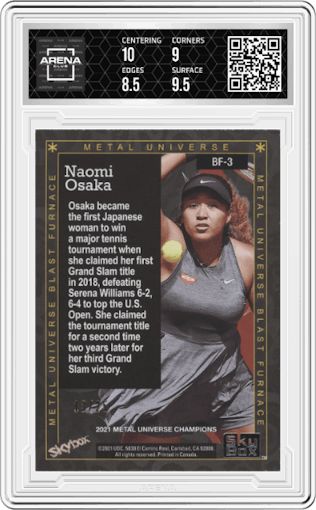 Naomi Osaka from the 2021 Skybox Metal Universe Champions set featuring a Gold parallel graded by Arena Club and given an overall grade of 9.