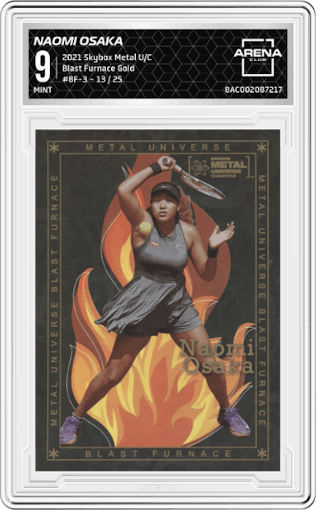 Naomi Osaka from the 2021 Skybox Metal Universe Champions set featuring a Gold parallel graded by Arena Club and given an overall grade of 9.