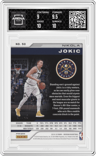 Nikola Jokic from the 2018-19 Panini Obsidian set featuring a Electric Etch Purple parallel graded by Arena Club and given an overall grade of 9.5.