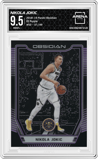 Nikola Jokic from the 2018-19 Panini Obsidian set featuring a Electric Etch Purple parallel graded by Arena Club and given an overall grade of 9.5.