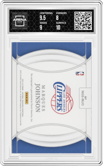 Marques Johnson from the 2021-22 Panini National Treasures set featuring a Emerald parallel graded by Arena Club and given an overall grade of 8.5.