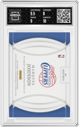 Marques Johnson from the 2021-22 Panini National Treasures set featuring a Emerald parallel graded by Arena Club and given an overall grade of 8.5.