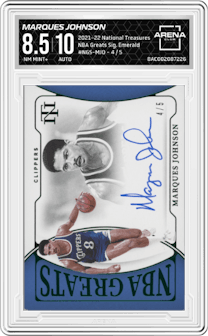 Marques Johnson from the 2021-22 Panini National Treasures set featuring a Emerald parallel graded by Arena Club and given an overall grade of 8.5.