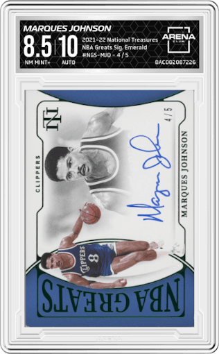 Marques Johnson from the 2021-22 Panini National Treasures set featuring a Emerald parallel graded by Arena Club and given an overall grade of 8.5.
