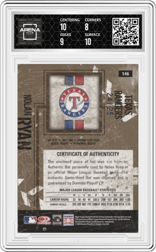 Nolan Ryan from the 2004 Donruss Leather & Lumber set featuring a B/W parallel graded by Arena Club and given an overall grade of 8.5.