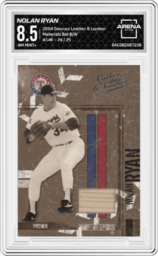 Nolan Ryan from the 2004 Donruss Leather & Lumber set featuring a B/W parallel graded by Arena Club and given an overall grade of 8.5.