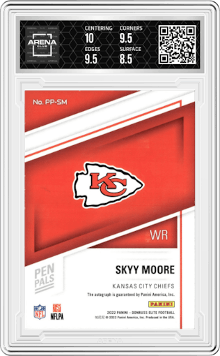 Skyy Moore from the 2022 Panini Donruss Elite set graded by Arena Club and given an overall grade of 9.