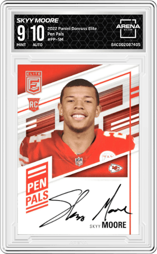 Skyy Moore from the 2022 Panini Donruss Elite set graded by Arena Club and given an overall grade of 9.