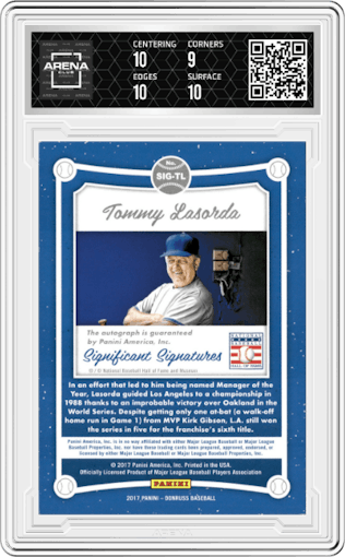 Tommy Lasorda from the 2017 Panini Donruss set featuring a Blue parallel graded by Arena Club and given an overall grade of 9.5.