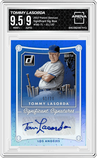 Tommy Lasorda from the 2017 Panini Donruss set featuring a Blue parallel graded by Arena Club and given an overall grade of 9.5.