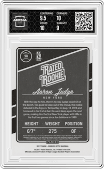 Aaron Judge from the 2017 Panini Donruss Optic set graded by Arena Club and given an overall grade of 9.5.
