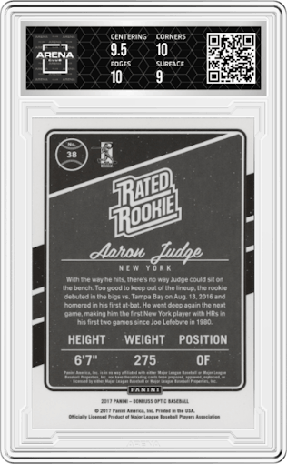 Aaron Judge from the 2017 Panini Donruss Optic set graded by Arena Club and given an overall grade of 9.5.