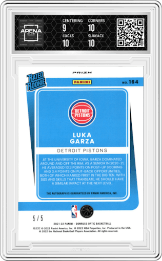 Luka Garza from the 2021-22 Panini Donruss Optic set featuring a Green parallel graded by Arena Club and given an overall grade of 9.5.