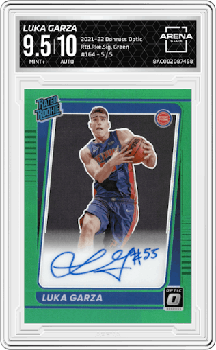 Luka Garza from the 2021-22 Panini Donruss Optic set featuring a Green parallel graded by Arena Club and given an overall grade of 9.5.