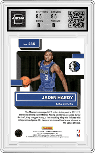 Jaden Hardy from the 2022-23 Panini Donruss set featuring a GD Holo Laser parallel graded by Arena Club and given an overall grade of 10.