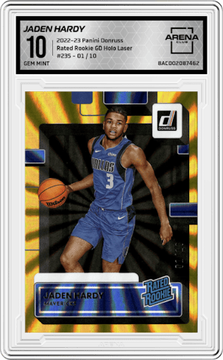 Jaden Hardy from the 2022-23 Panini Donruss set featuring a GD Holo Laser parallel graded by Arena Club and given an overall grade of 10.